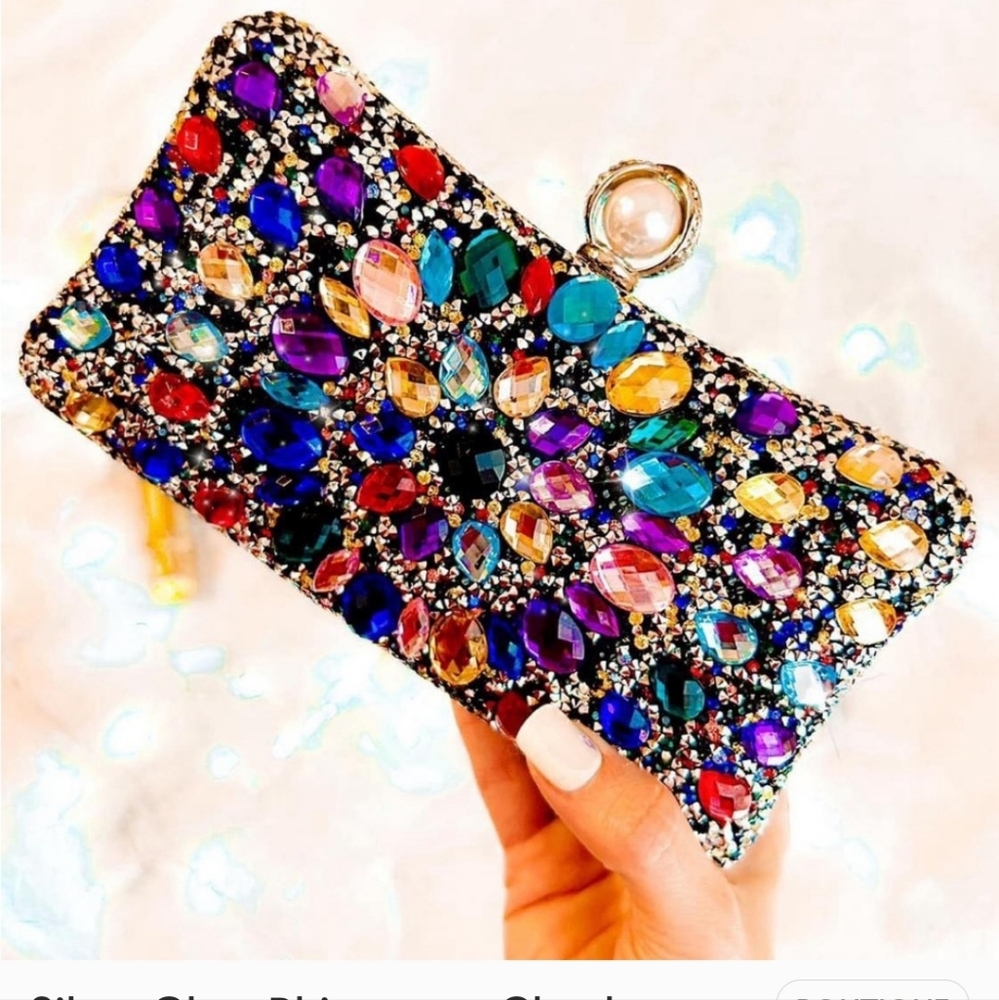 NEW Silver Multicolor Rhinestones Clutch